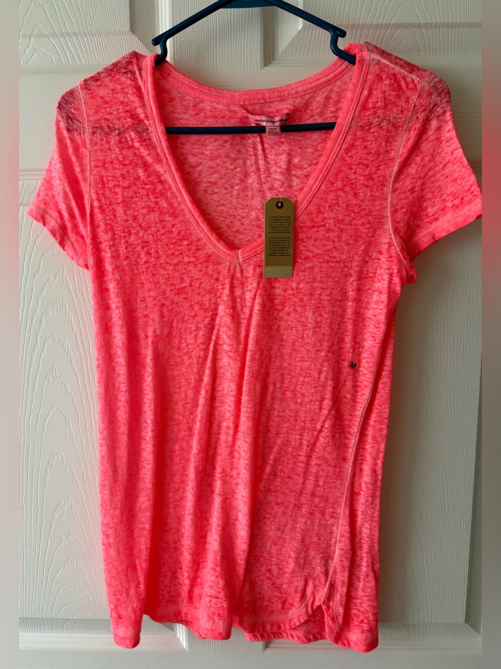 American Eagle Women’s V-Neck Short Sleeve Top - Neon Coral Pink